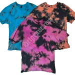 Three scrunch dyed Helgrave tshirts. Blue, Orange and Purple.