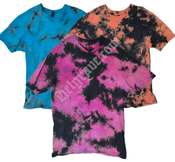 Three scrunch dyed Helgrave tshirts. Blue, Orange and Purple.